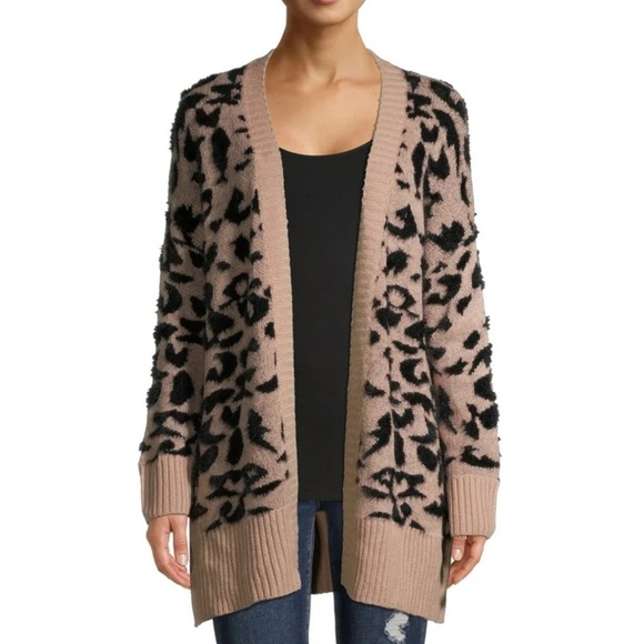 Dreamers by Debut Open Front Cardigan Sweater Pink Eyelet Animal Print Medium - Picture 1 of 12